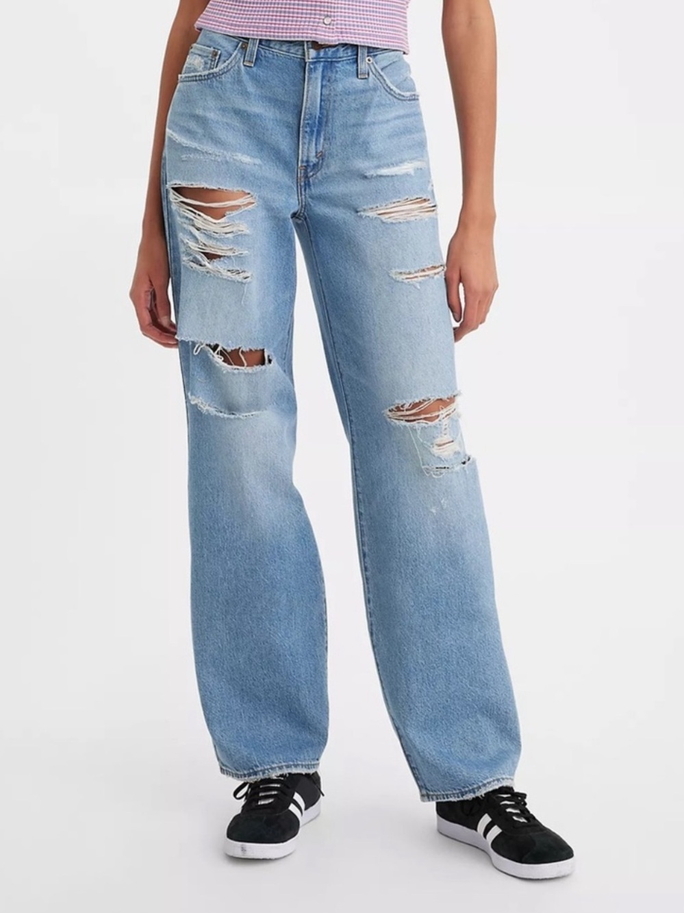 Levi’s Baggy Dad Mid Rise Straight Leg Distressed Blue Denim